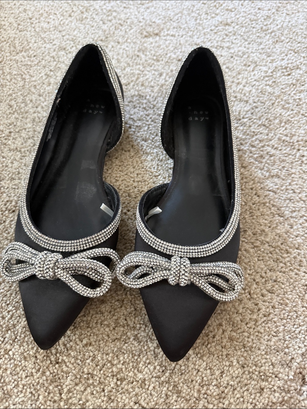 a new day Black Pointed Toe Flats with Rhinestone Bow Trim